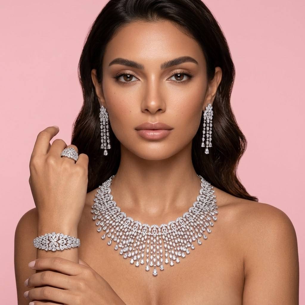 طقم شيريل الأبيض الفاخر للعرائس – مرصع بأحجار الزركون عالية الجودة ومطلي بالروديوم الممتاز