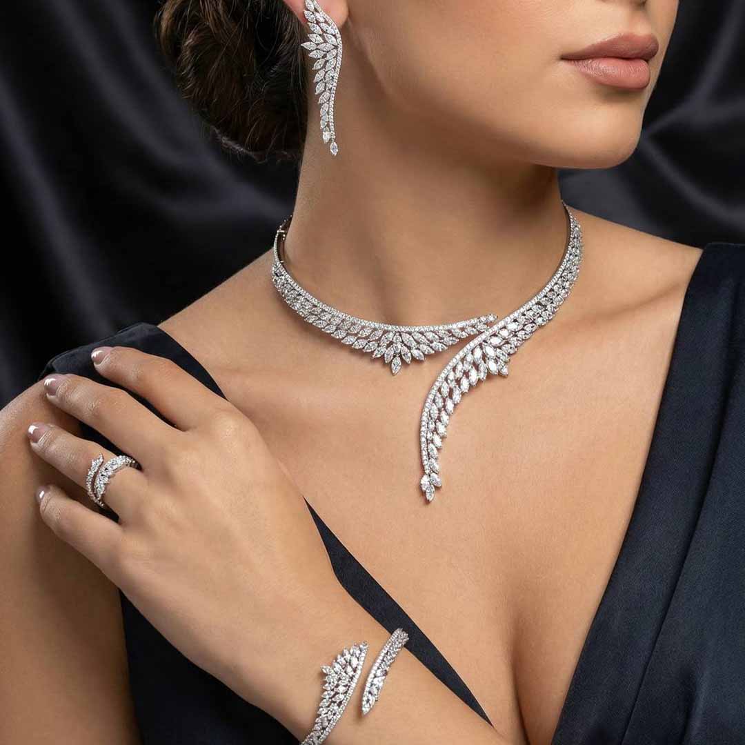 Omnia Claire Luxury White Bridal Full Set in High Quality Zircon Stone Rhodium Plated