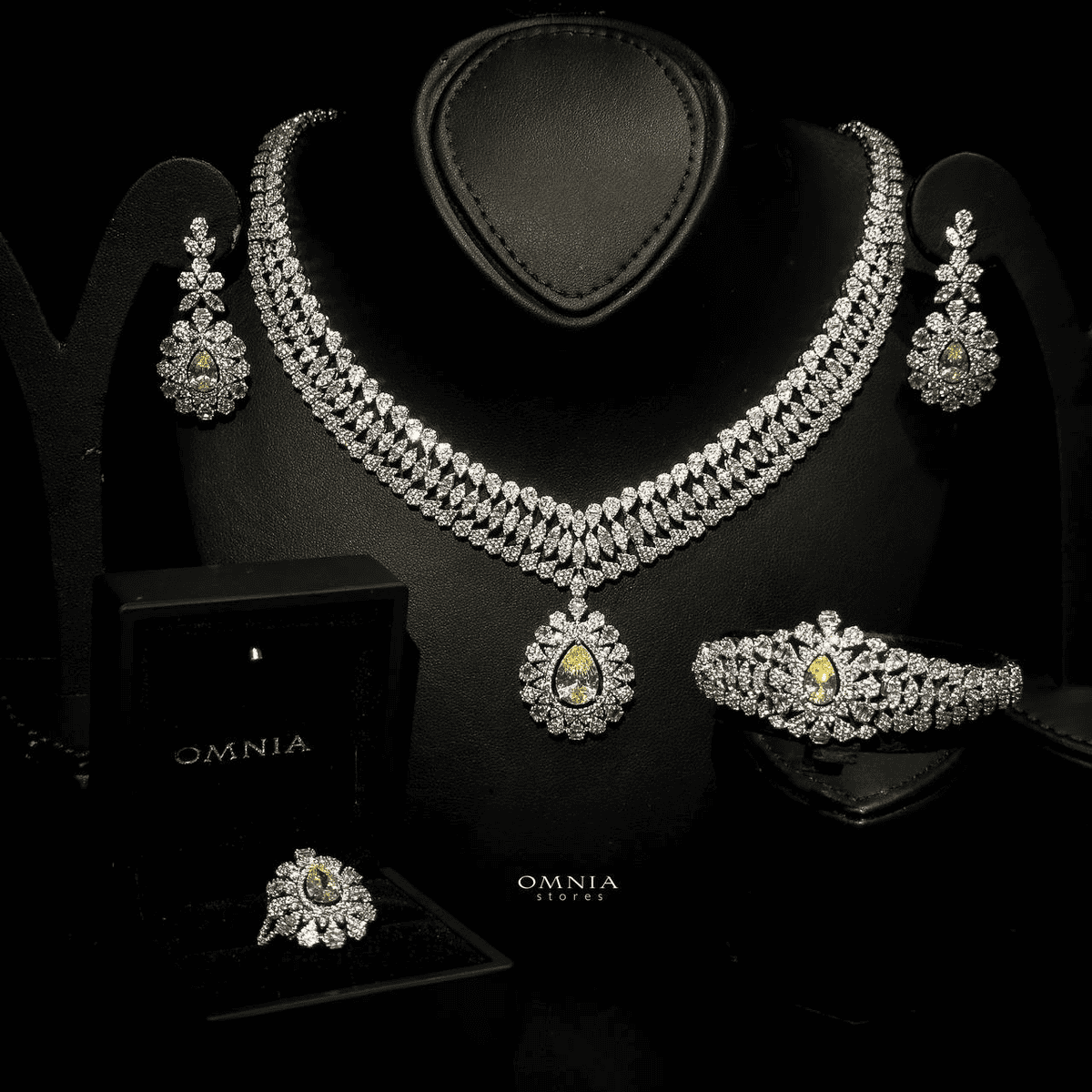Omnia Olive Yellow Set in High Quality Zircon Stone Rhodium Plated - OMNIASTORES UAE
