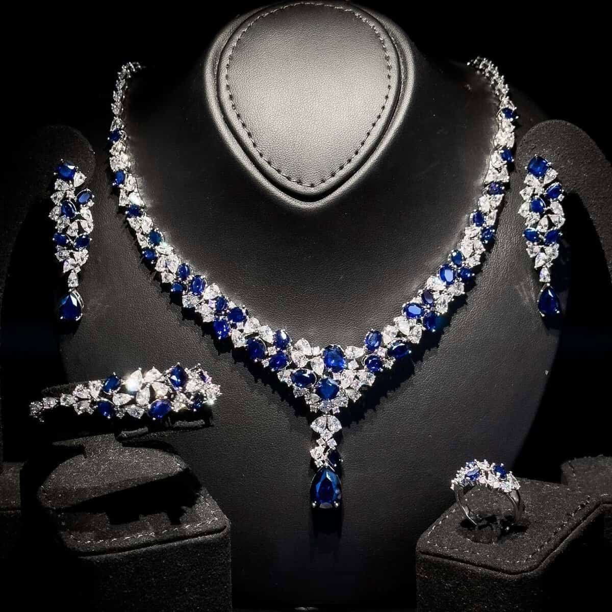 Omnia Reman Blue Bridal Full Set in High Quality Zircon Stone in Rhodium Plated - OMNIASTORES UAE