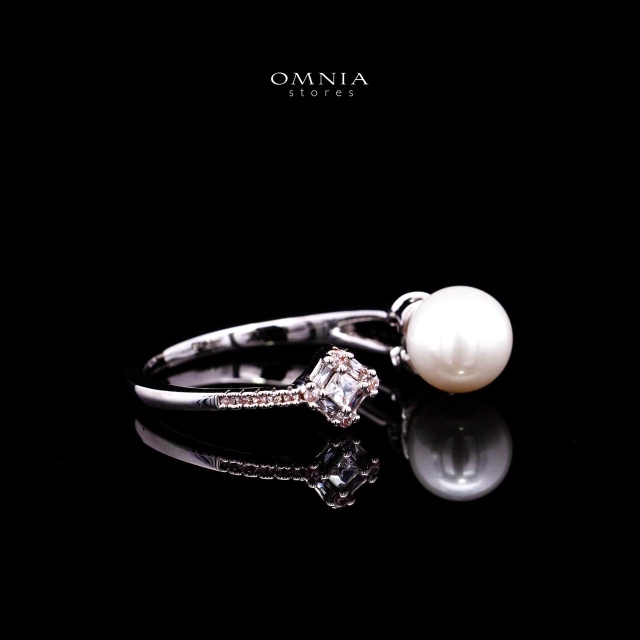 Nilda Pearl Bangle & Ring Set with Premium Simulated Diamonds in Rhodium-Plated Alloy