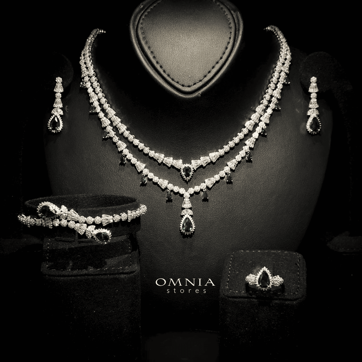 Omnia Ghada Green Bridal Full Set Accessories in High Quality Zircon Stone Rhodium Plated - OMNIASTORES UAE