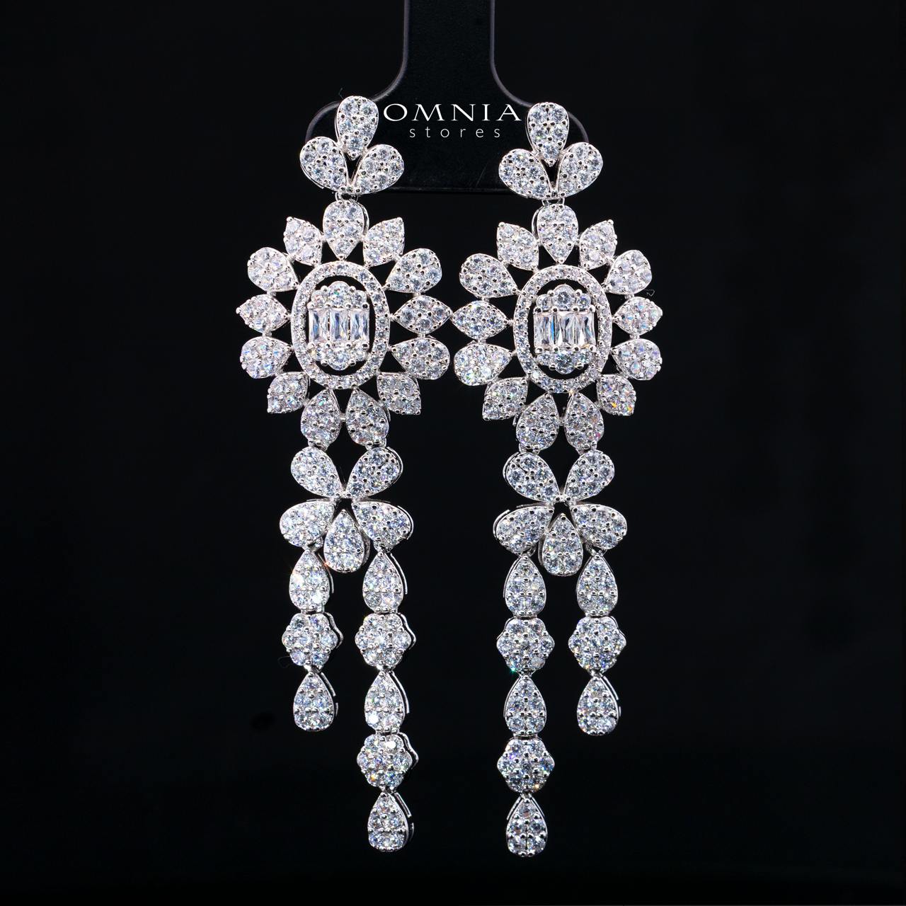 Lumaiza White Long Chain Necklace, Earrings, and Ring Set with High-Quality Simulated Diamonds and Rhodium Plating