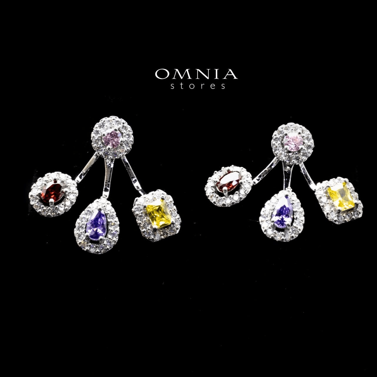 Omnia Naif Multi-Drop Stud Earrings with Multicolor Zircon Stone in High Quality Rhodium Plated - OMNIASTORES UAE