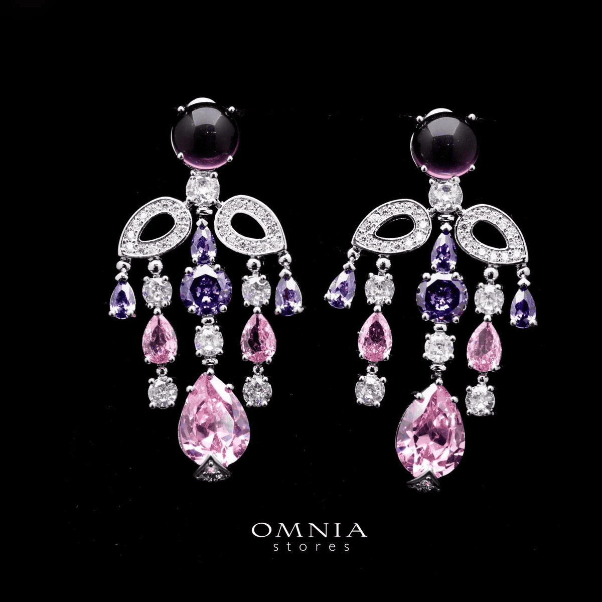 Omnia Mohra Chandelier Pink Earrings with Multicolor Zircon Drops in High Quality Zircon Stone Rhodium Plated - OMNIASTORES UAE
