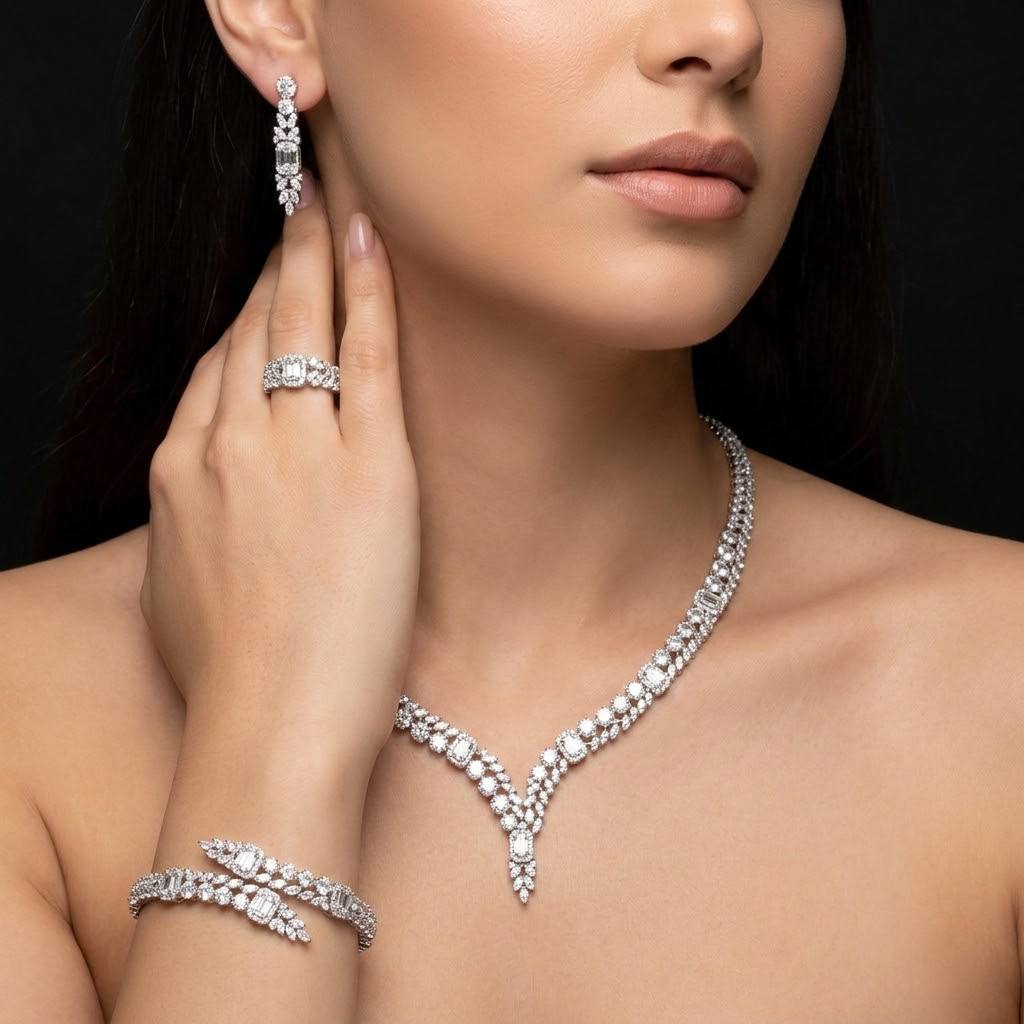 Omnia Elham White Luxury Bridal Full Set with Rhodium Plated in High Quality White Zircon Stone Rhodium Plated
