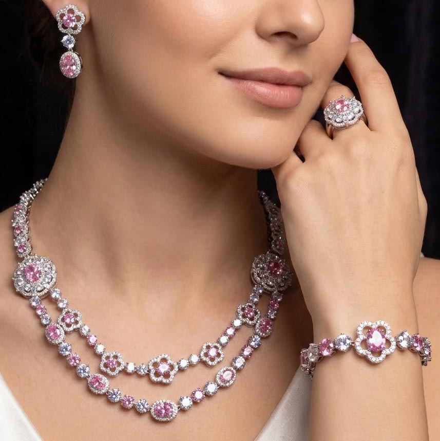 Omnia Esra Pink Luxury Bridal Full Set in High Quality Zircon Stone Rhodium Plated