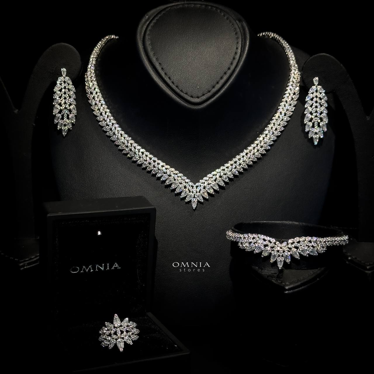 Omnia Rouba White Bridal Full Set in High Quality Zircon Stone Rhodium Plated