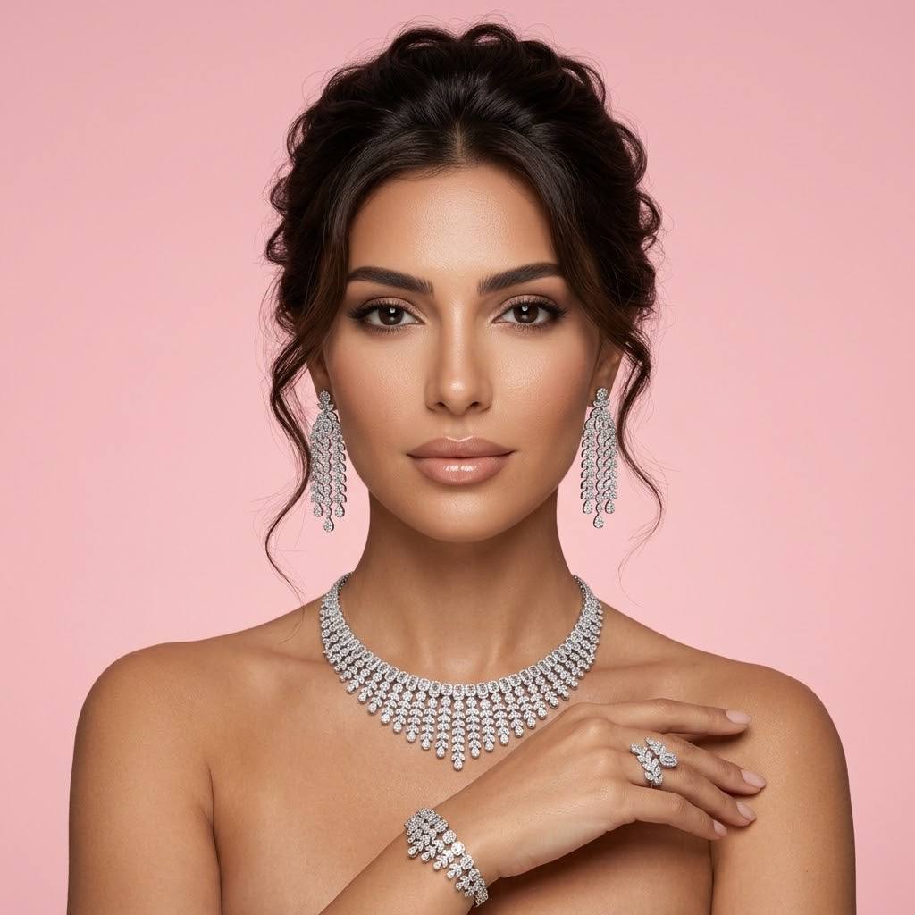 Omnia Fareeda White Luxury Bridal Full Set in High Quality Zircon Stone in Rhodium Plated