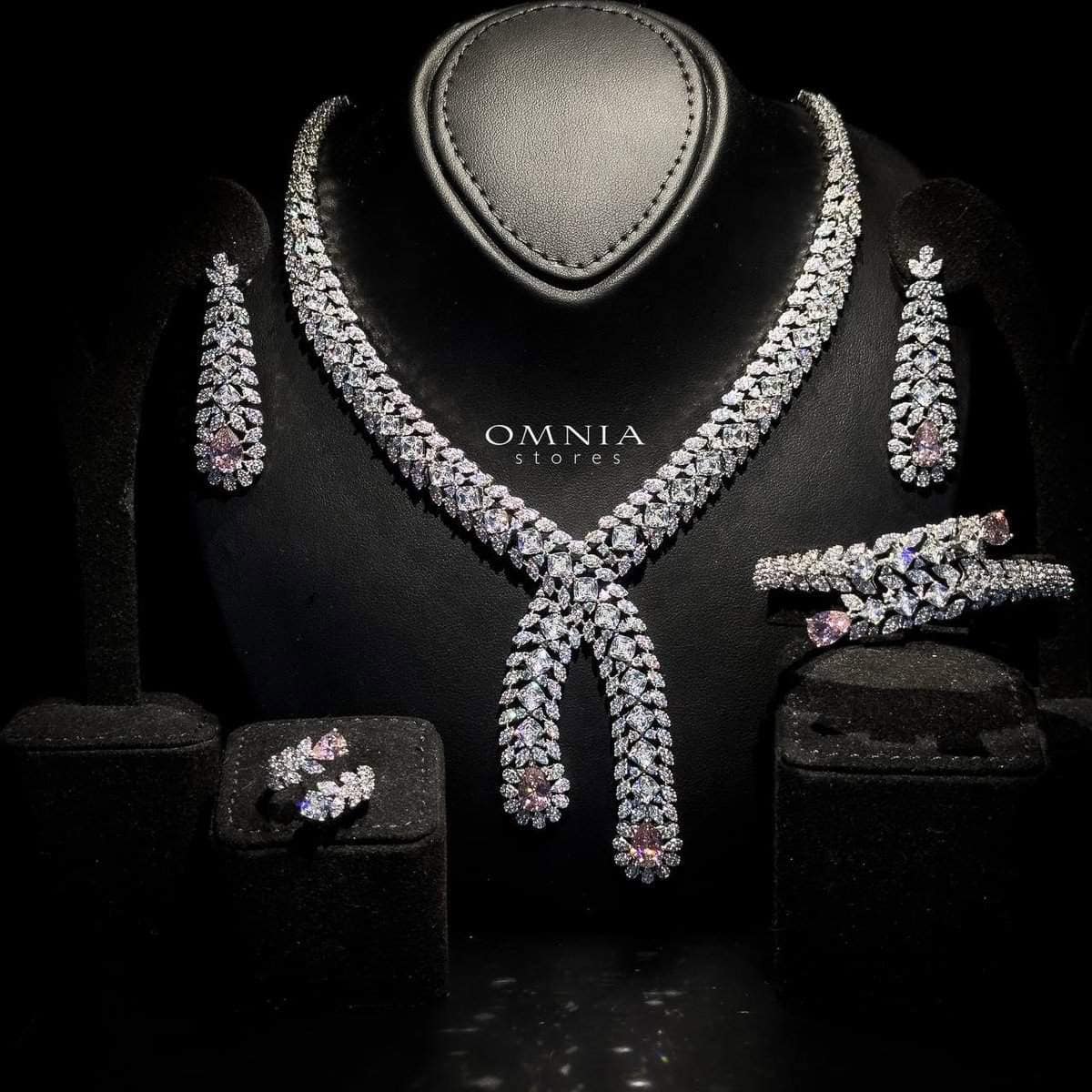 Omnia Yara Bridal Pink and White Full Set in High Quality Zircon Stone Rhodium Plated - OMNIASTORES UAE