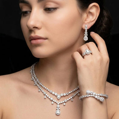 Omnia Ghada White Luxury Bridal Full Set Accessories in High Quality Zircon Stone Rhodium Plated (15cm only available in KSA)