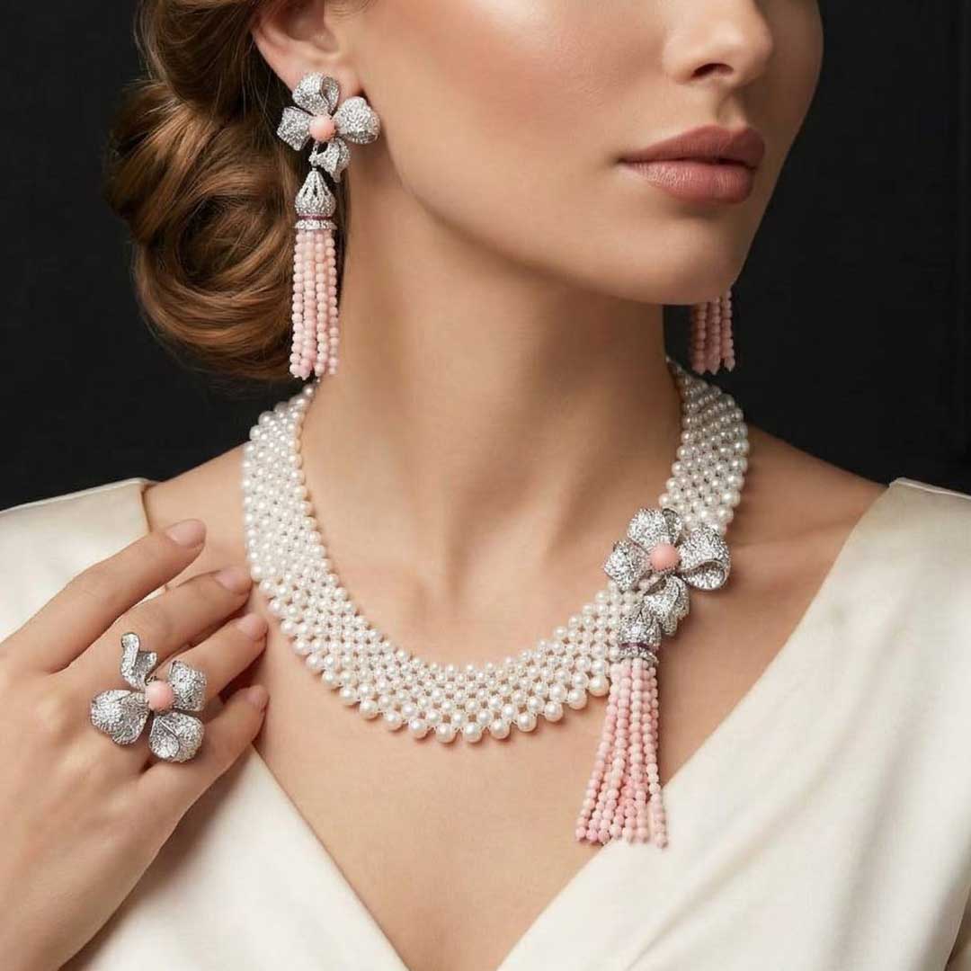 Omnia Ghadir Full Set with Fresh water Pearls and Pink Tassel Accents in 925 Silver High Quality Simulated Diamonds