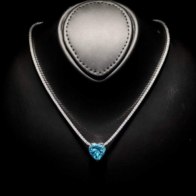 Omnia Heart Sky Blue Necklace 92.5 Pure Silver Jewelry in High Quality Simulated Diamonds