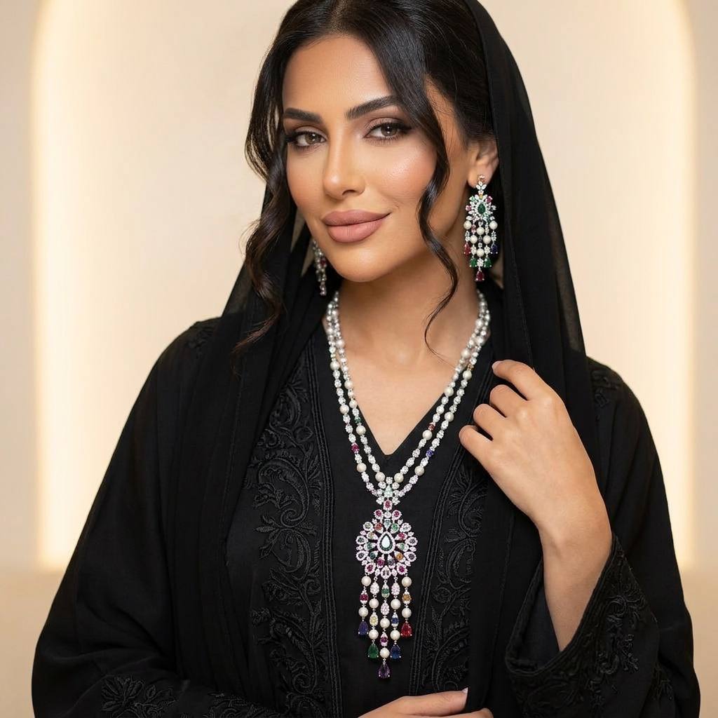 مجموعة إكسسوارات كاملة من سلسلة أمنية إيناس الطويلة باللون الأبيض مصنوعة من حجر الزركون عالي الجودة ومطلية بالروديوم
