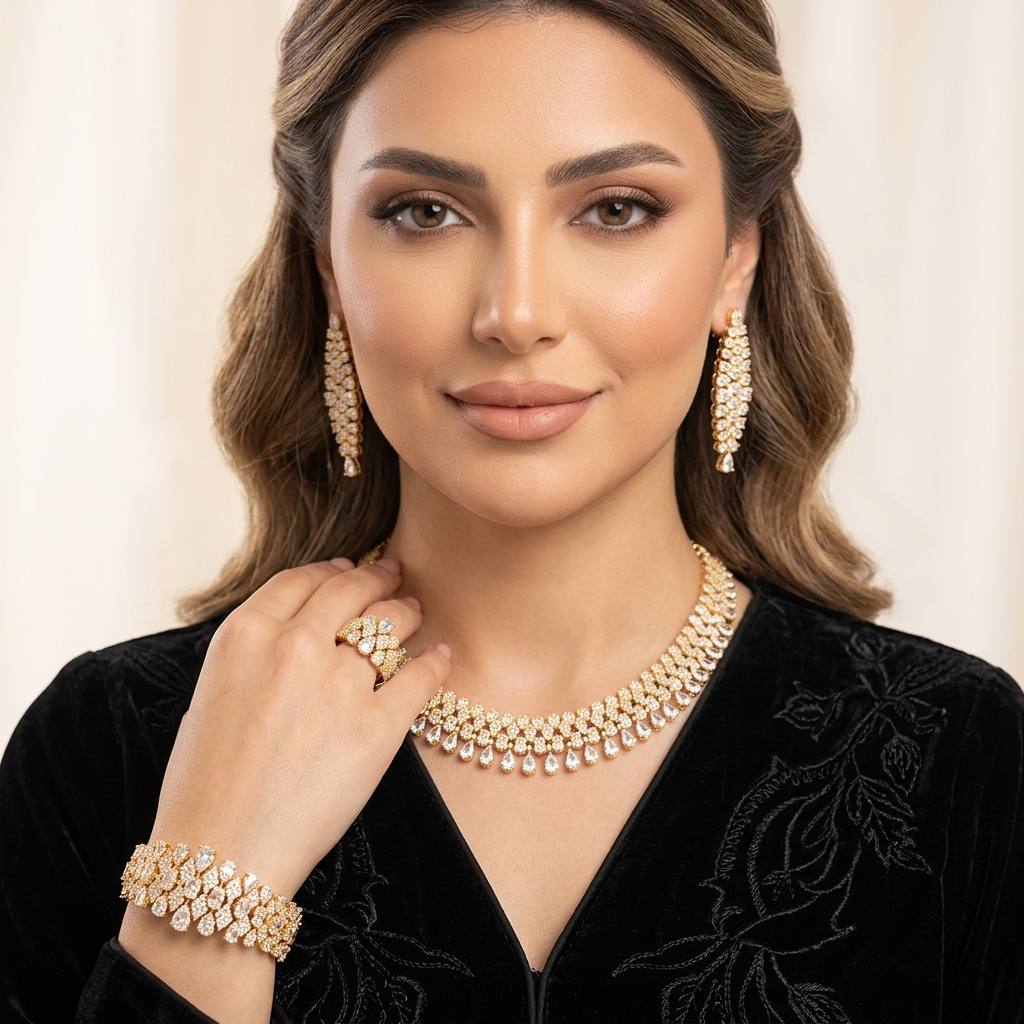 Jazlyn Gold Luxury Bridal Full Set in Premium High-Quality Zircon Stone with Rhodium-Plated