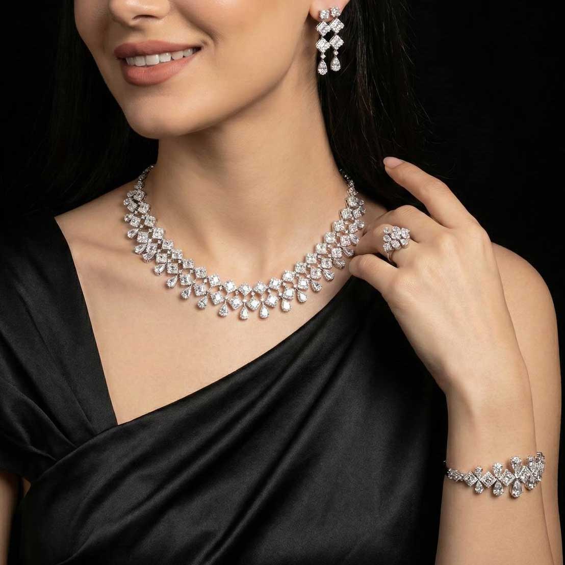 Omnia Kacey White Pearl Luxury Bridal Full Set in High Quality Rhodium Plated Zircon Stones - OMNIASTORES UAE
