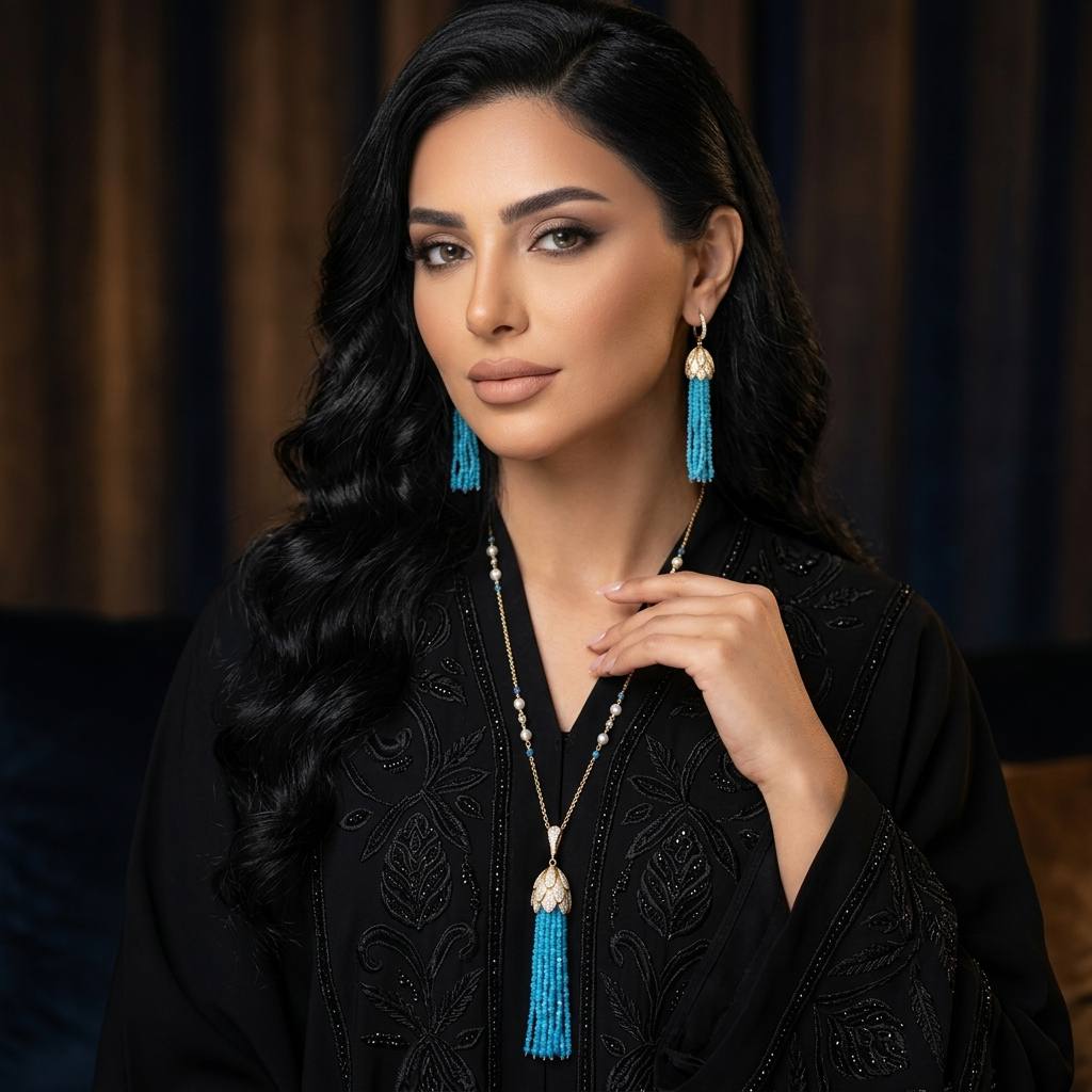 Omnia Kathy Sky Blue Beeds Golden Long Chain Necklace and Drop Earrings Set With High Quality Simulated Diamonds in 925 Silver