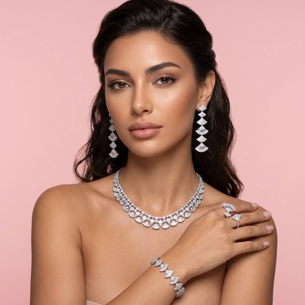 Omnia Keti Luxury Bridal White Full Set In High Quality Zircon Stone Rhodium Plated