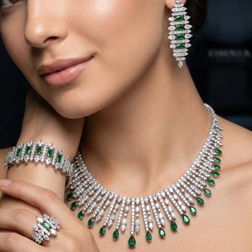 Omnia Lana Green Bridal Full Set in High Quality Zircon Stone Rhodium Plated