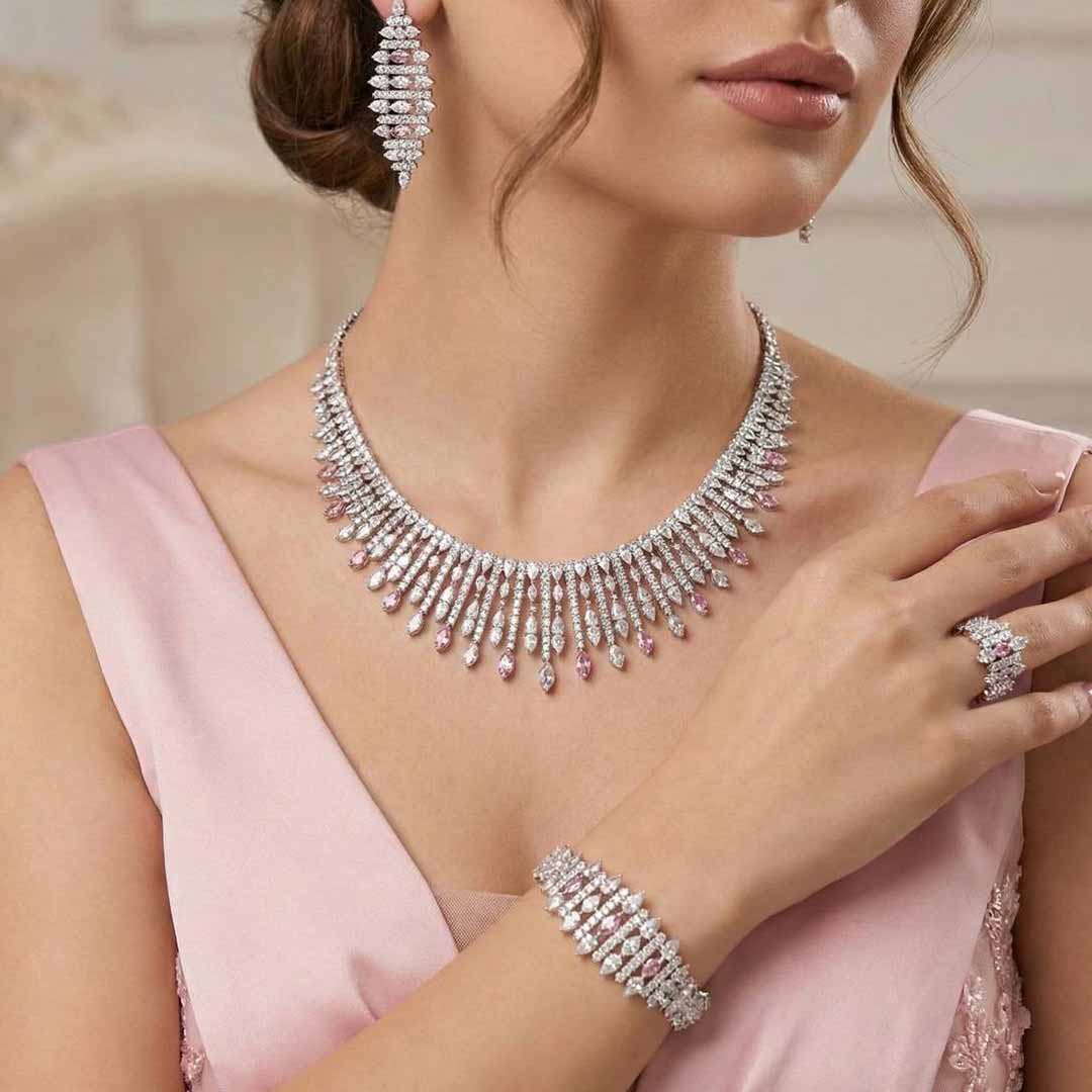 Omnia Lana Pink Bridal Full Set in High Quality Zircon Stone Rhodium Plated - OMNIASTORES UAE