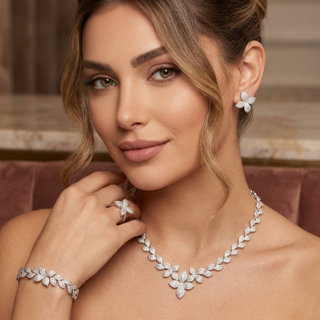Omnia Laura White Luxury Bridal Full Set in High Quality Rhodium Plated Zircon Stones