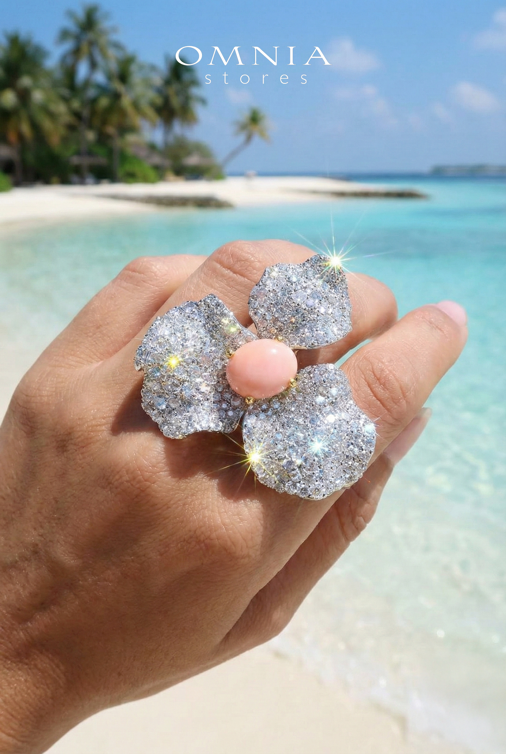 Omnia Lubaina Pink Coral Flower Ring in 925 Silver Accessories High Quality Simulated Diamonds