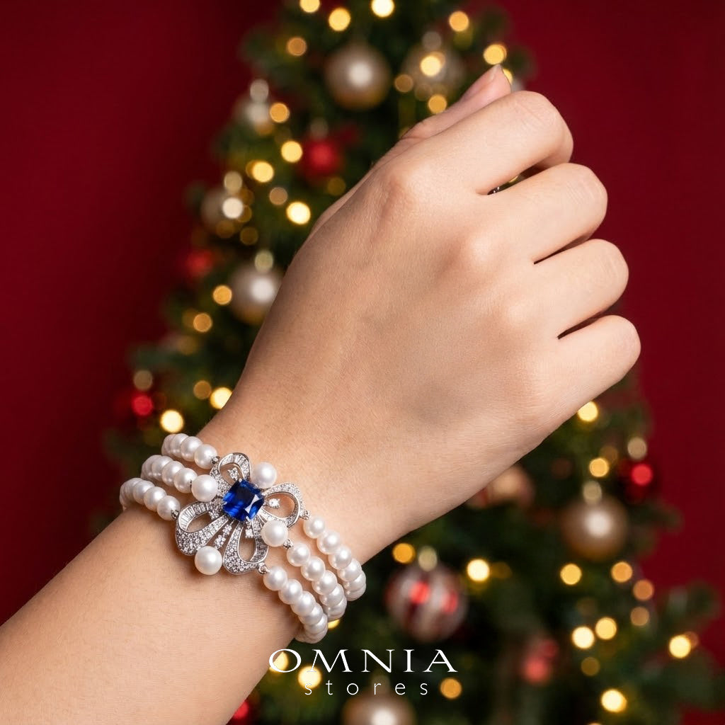 سوار محبوبة من اللؤلؤ الأزرق من الفضة عيار 925 مرصع بألماس صناعي عالي الجودة