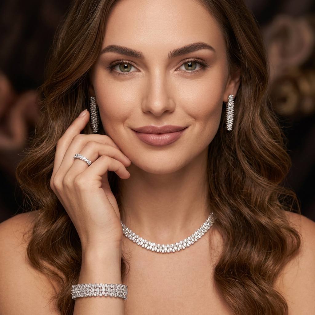 Omnia Manahil White Luxury Bridal Full Set in High Quality Zircon Stone Rhodium Plated
