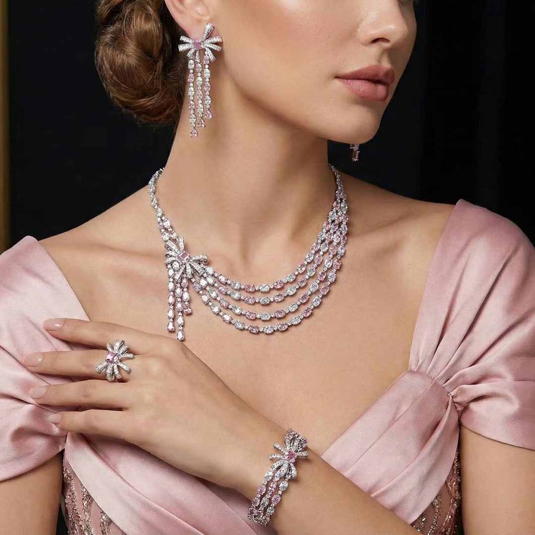 Omnia Mawada Pink Luxury Bridal Full Set in High Quality Zircon Stone Rhodium Plated - OMNIASTORES UAE