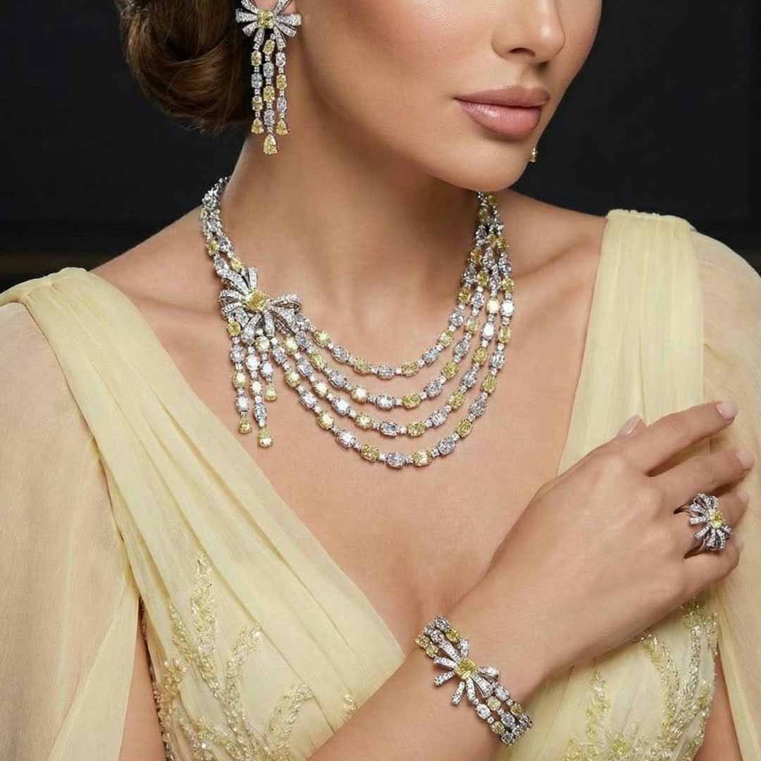 Omnia Mawada Yellow Bridal Full Set with Elegant Bow-Accent Design and High-Quality Zircon Stones in Rhodium Plated Finish - OMNIASTORES UAE
