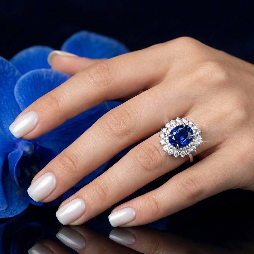 Omnia Mena Silver Ring in 925 Silver With GRC Certifited High Quality Sapphire Blue Lab Grown Stones