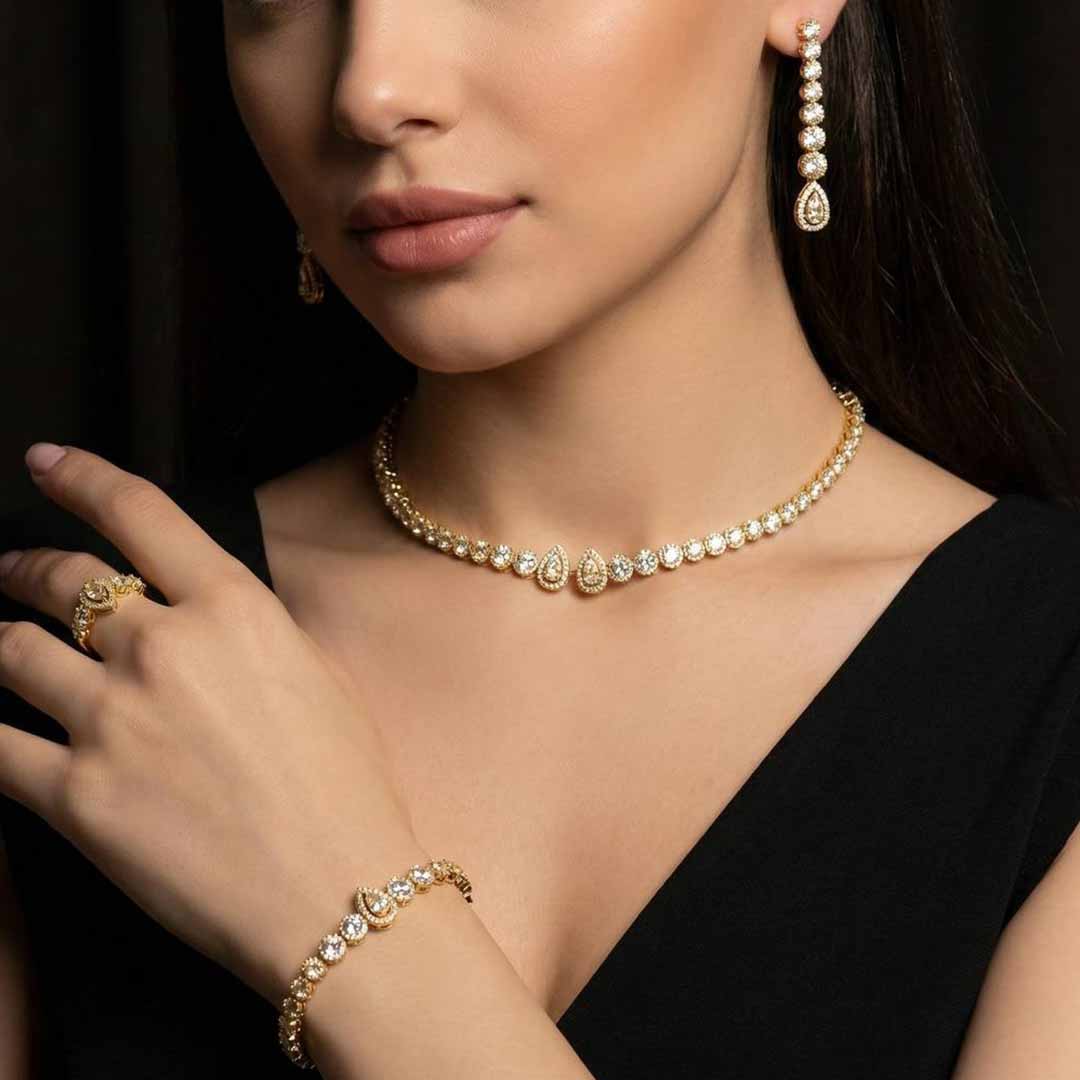 Omnia Mila Luxury Golden Choker Bridal Full Set in High Quality Zircon Stone Rhodium Plated - OMNIASTORES UAE