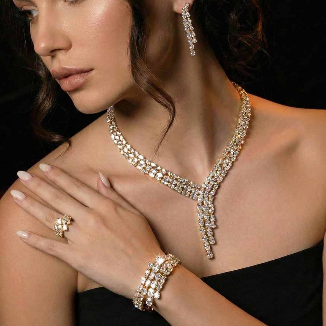 Omnia Millie Gold Luxury Bridal Full Set in High Quality Zircon Stone in Rhodium Plated - OMNIASTORES UAE