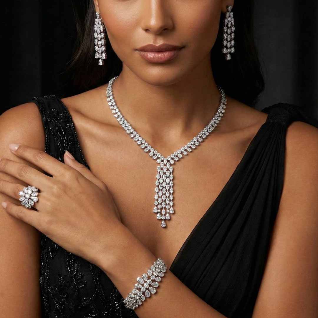 Omnia Myla White Luxury Bridal Full Set in High Quality Zircon Stone in Rhodium Plated