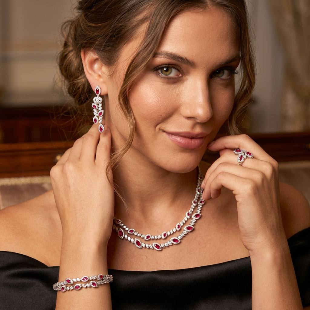 Omnia Nada Maroon Bridal Full Set in High Quality Zircon Stone Rhodium Plated