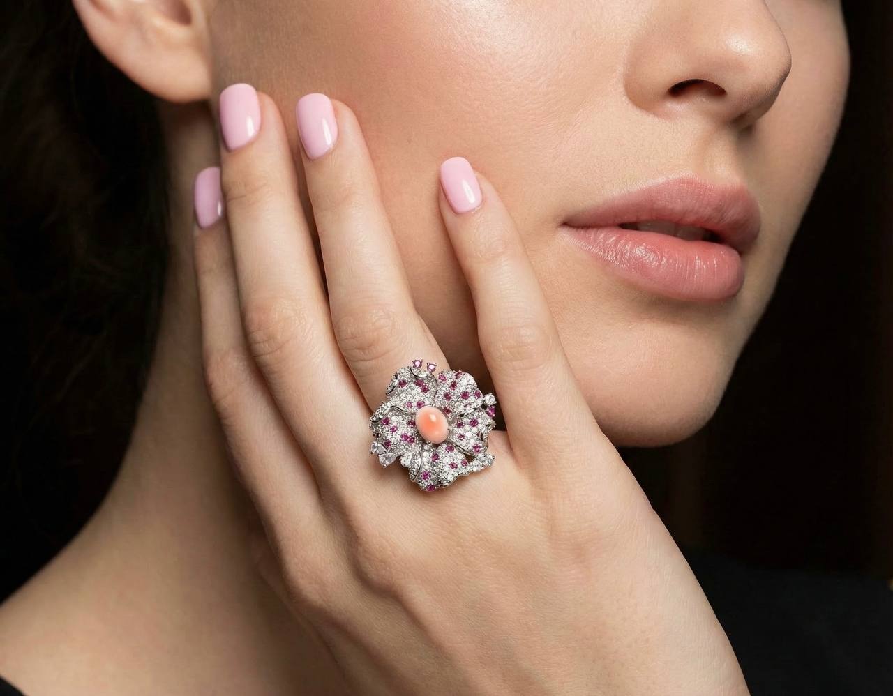 Omina Najiba Pink Coral Flower Ring in 925 Silver with High Quality Simulated Diamonds
