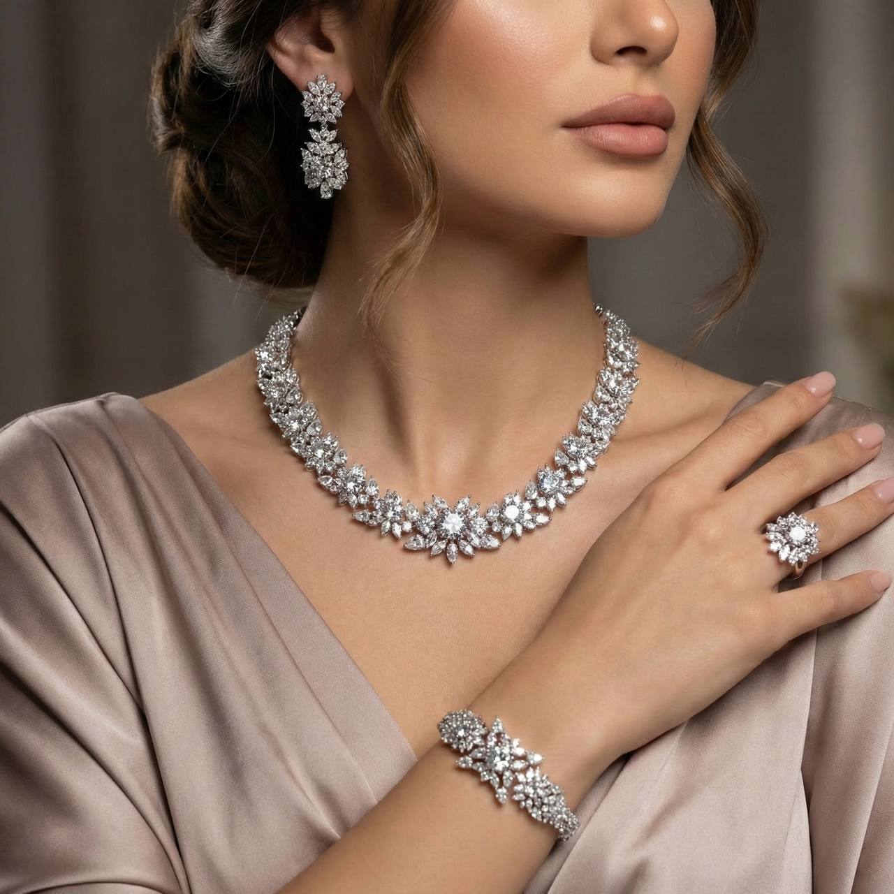 طقم زفاف فاخر كامل من  مرصع بحجر الزركون عالي الجودة ومطلي بالروديوم (18 متوفر فقط في السعودية)