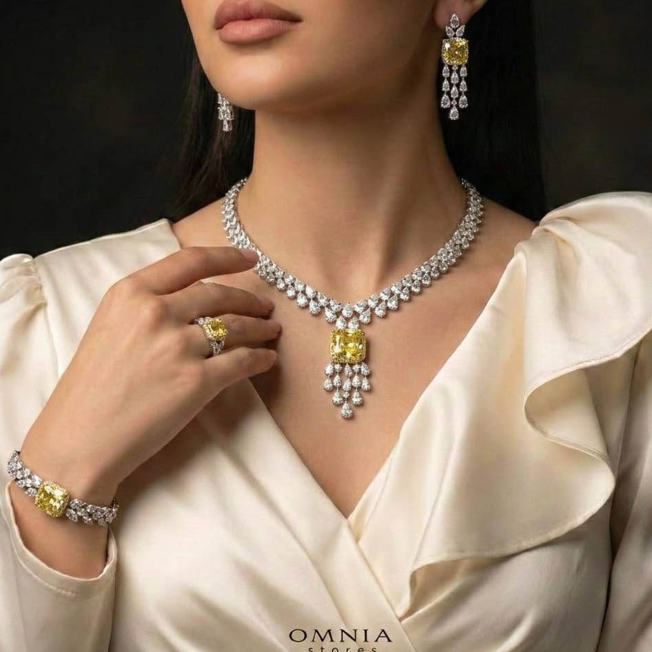 Omnia Nazaha Bridal Full Set in Rhodium Plated with High Quality White and Yellow Zircon Stones