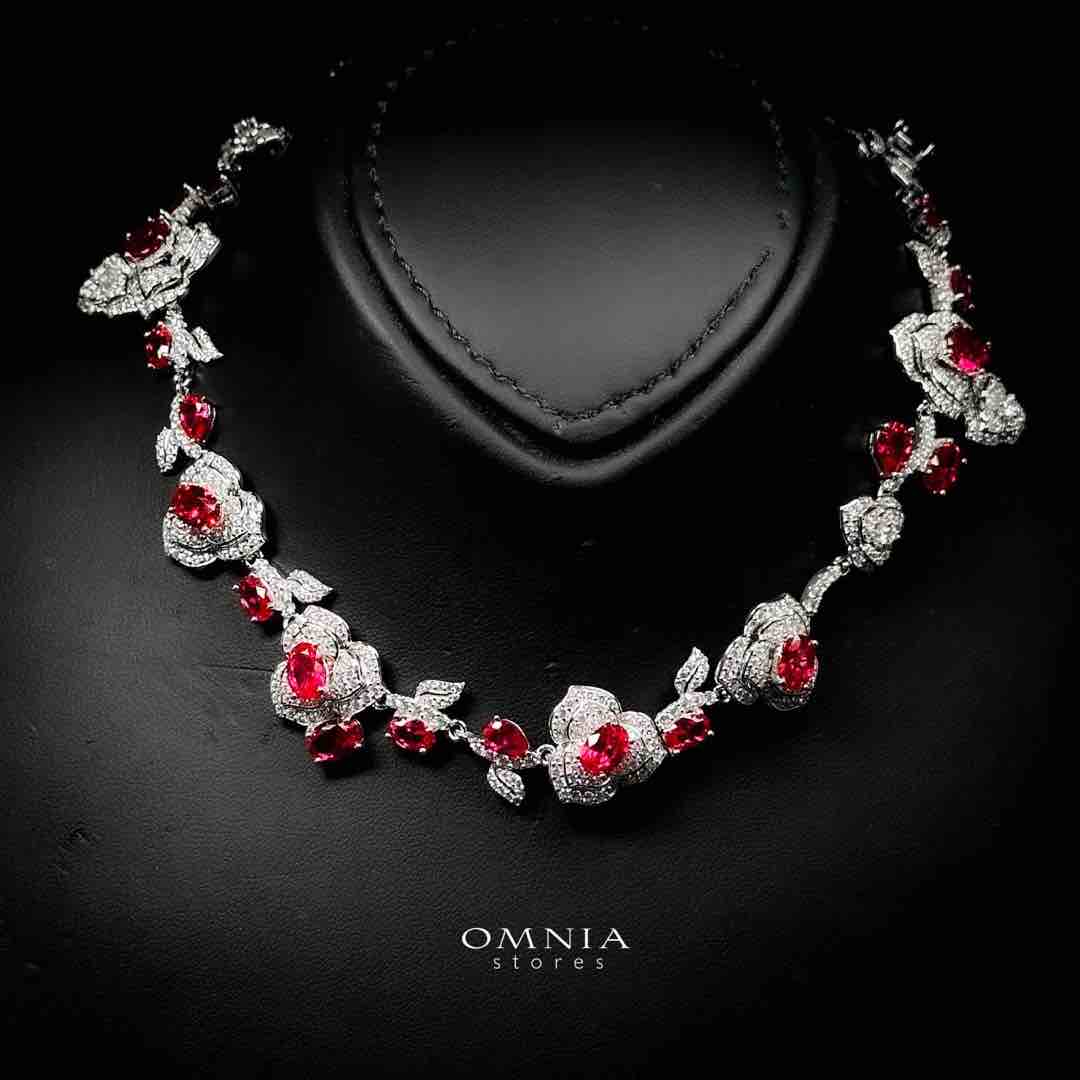 Omnia Nazeeya Red Floral Necklace in 925 Silver with High Quality Simulated Diamonds