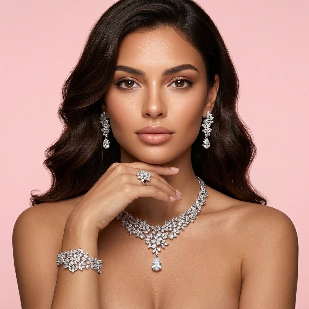 Omnia Nourah White Luxury Bridal Full Set in High Quality Zircon Stone in Rhodium Plated