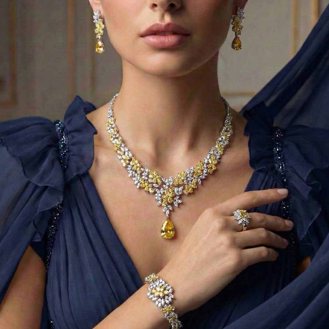 Omnia Nourah Yellow Luxury Bridal Full Set in High Quality Zircon Stone in Rhodium Plated - OMNIASTORES UAE