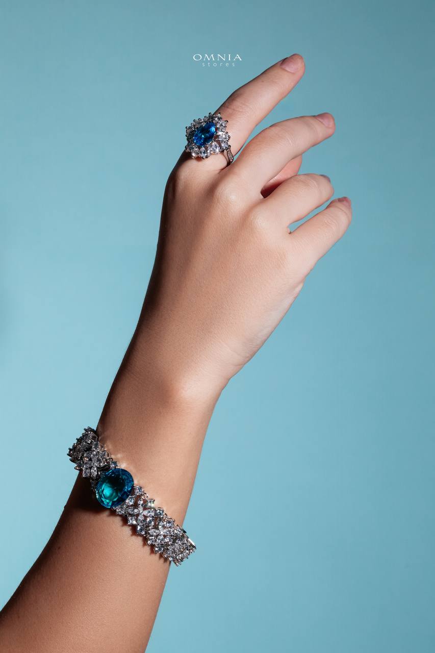 Omnia Suhana Sky Blue Bridal Full Set Designed with Pear-Cut and Round Simulated Diamonds in High-Quality Rhodium Plated Finish - OMNIASTORES UAE