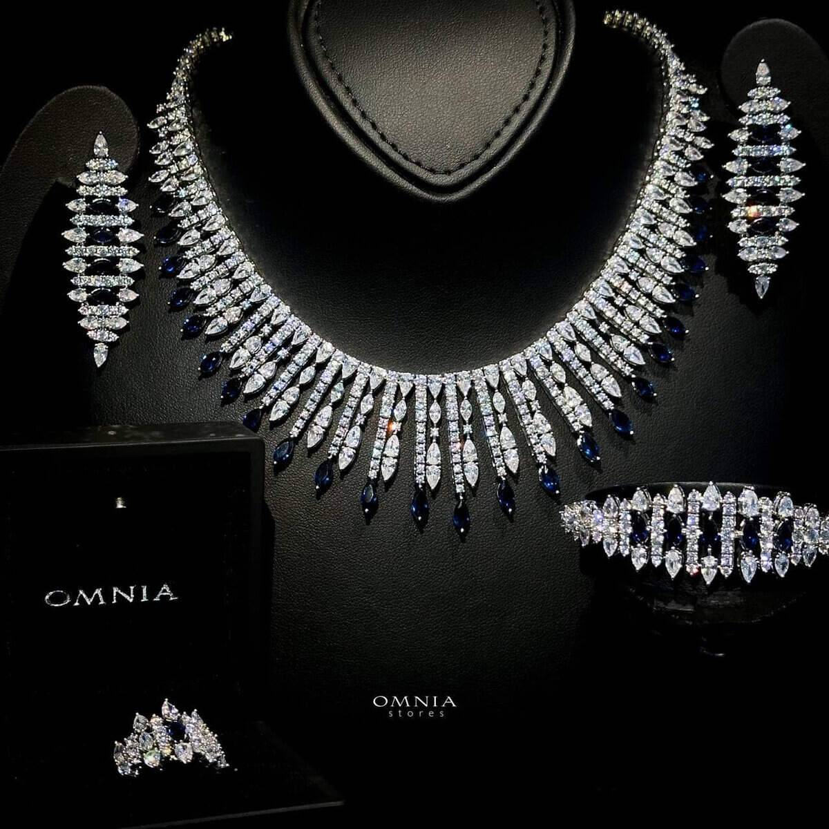 Omnia Lana Blue Bridal Full Set in High Quality Zircon Stone Rhodium Plated - OMNIASTORES UAE