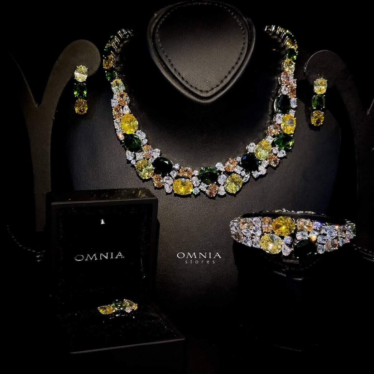 Omnia Artemis Yellow Green Multi Colored Zircon Stone Bridal Full Set Accessories in Rhodium Plated
