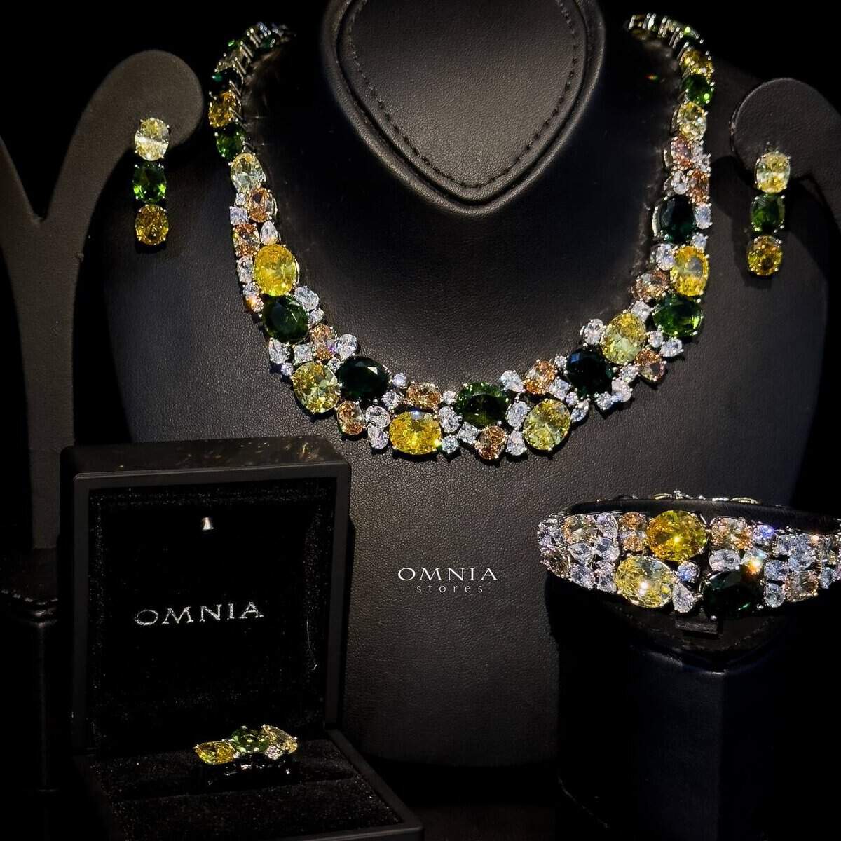 Omnia Artemis Yellow Green Multi Colored Zircon Stone Bridal Full Set Accessories in Rhodium Plated