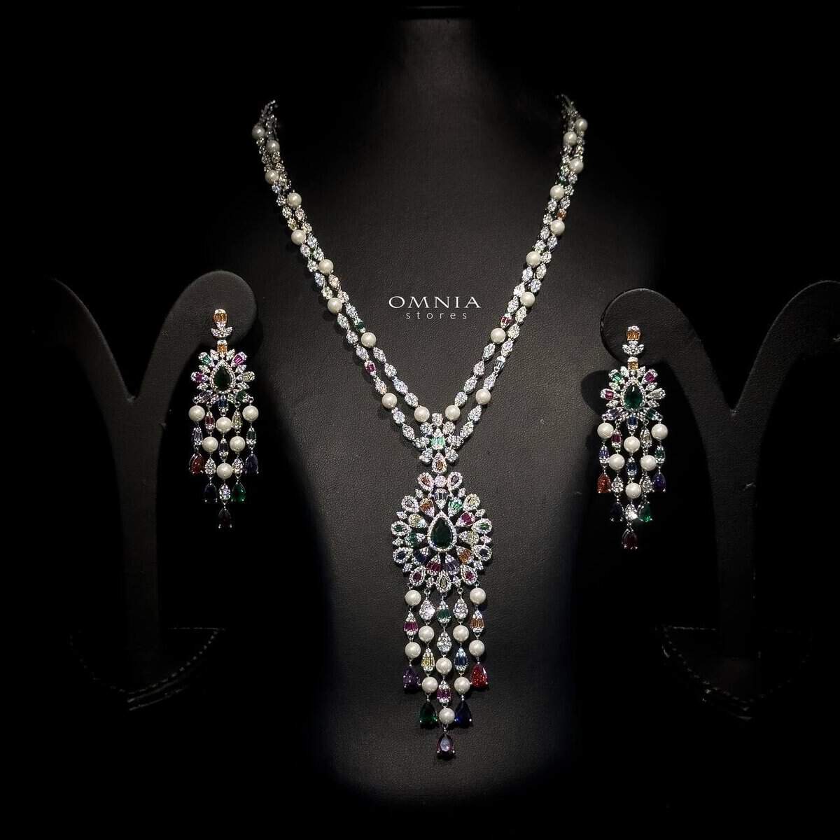 Omnia Inas White Long Chain Full Set Accessories In High Quality Zircon Stone Rhodium Plated - OMNIASTORES UAE