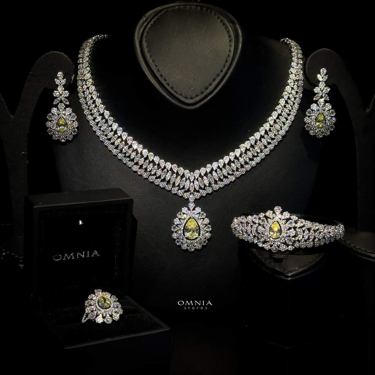 Omnia Olive Yellow Set in High Quality Zircon Stone Rhodium Plated - OMNIASTORES UAE