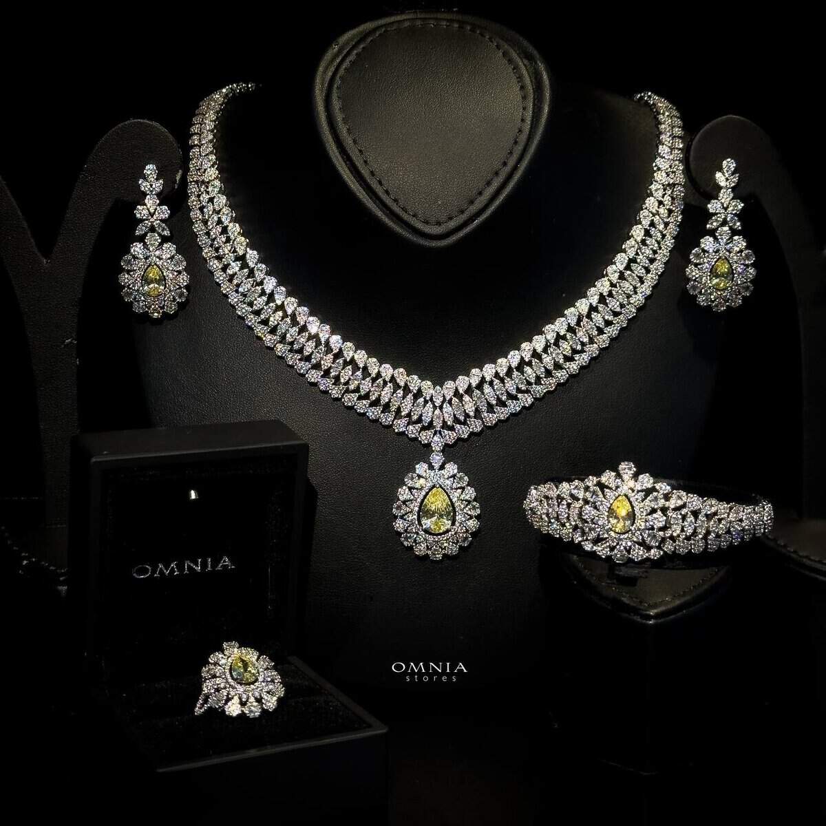 Omnia Olive Yellow Set in High Quality Zircon Stone Rhodium Plated - OMNIASTORES UAE