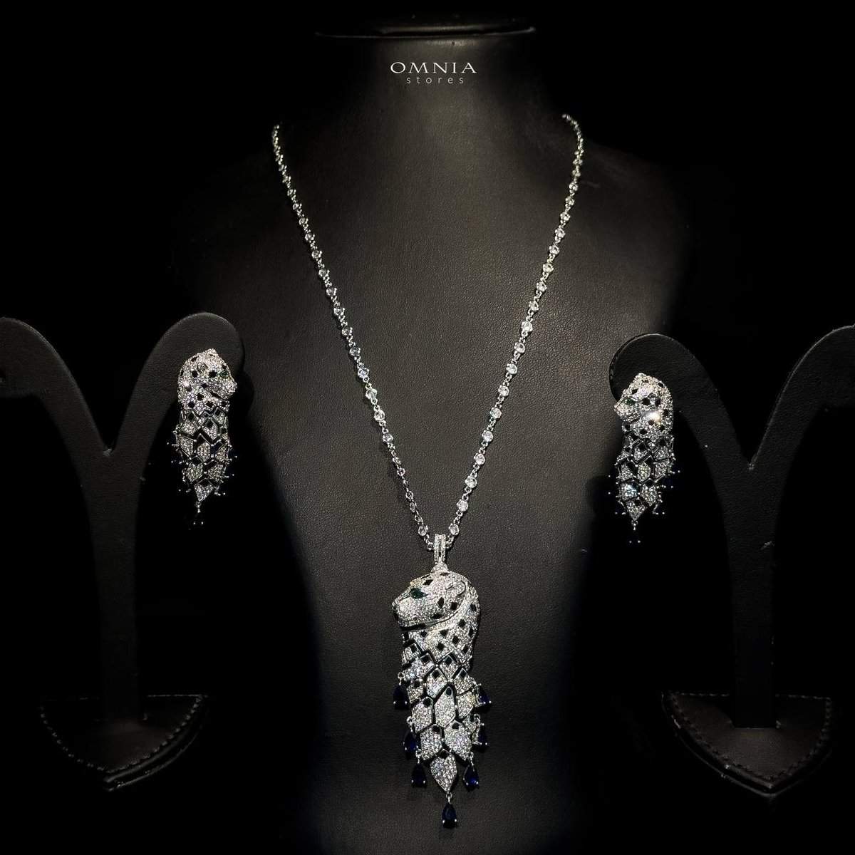 Omnia Leopard Blue Set Long Chain 92.5 Pure Silver High Quality Simulated diamonds - OMNIASTORES UAE