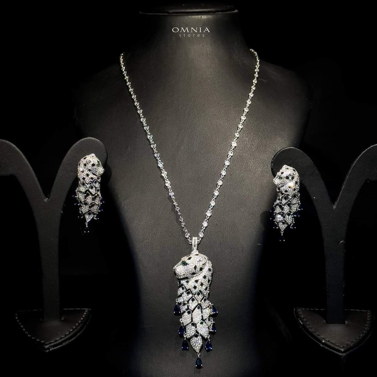 Omnia Leopard Blue Set Long Chain 92.5 Pure Silver High Quality Simulated diamonds - OMNIASTORES UAE